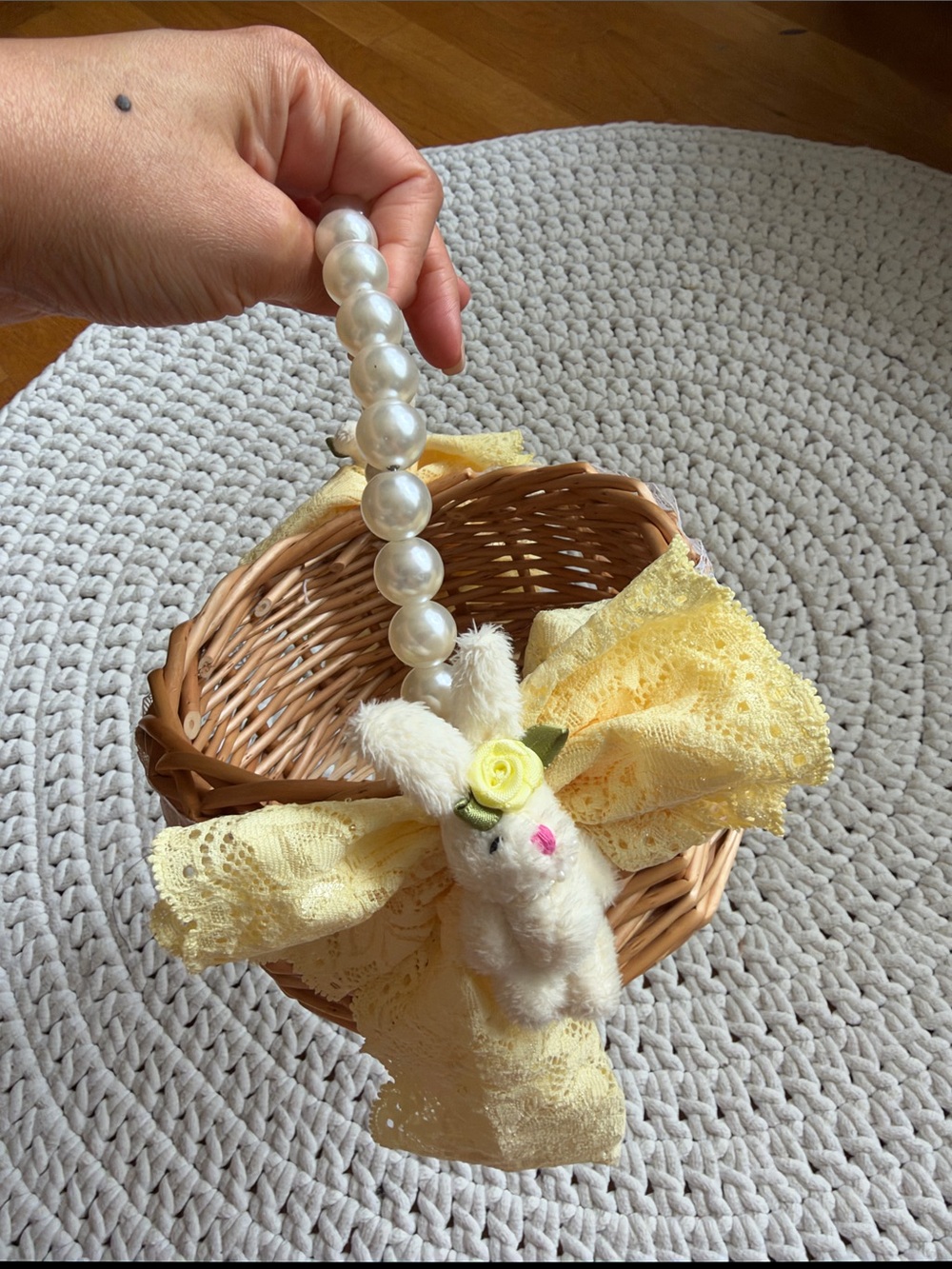 Yellow Lace Bunny Handle Kids Basket with Pearl Beaded Handle